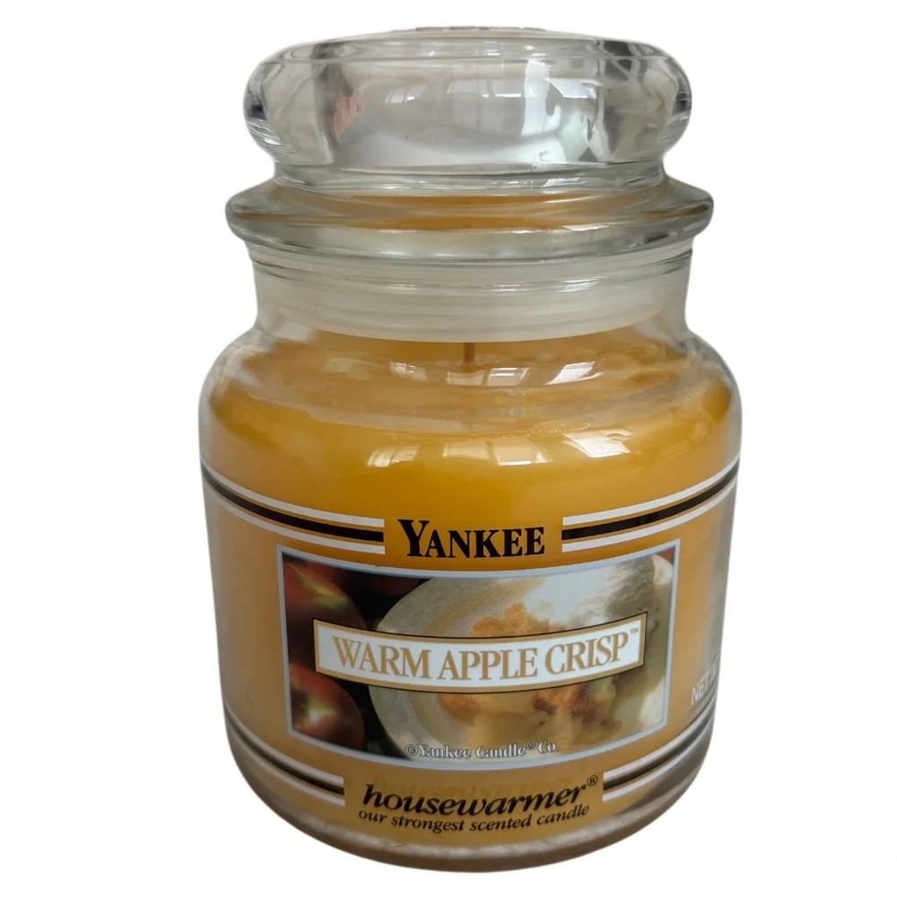 Yankee Candle Jar Warm Apple Crisp Vintage Black Band Gold Tan Yellow 14.5 Oz